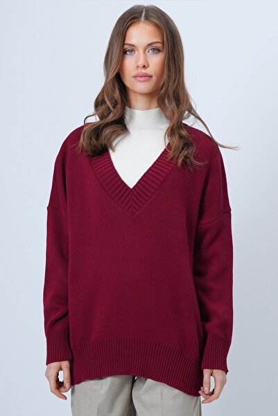 VAGGON Women's Burgundy V-Neck Wide Ribbed Knit Long Sleeve Sweater Vs01323