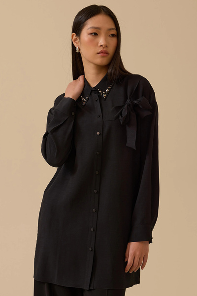 SEÇİL Γυναικείο πουκάμισο με λεπτομέρεια με κορδόνια και κεντημένο με πέτρες 1006 Μαύρο