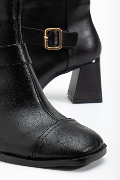 Hayalimdeki Ayakkabı Women's Black Blunt Toe Buckle Heeled Boots