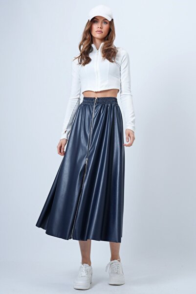 VAGGON Women's Navy Blue Elastic Waist Zippered Faux Leather Skirt Vs01388
