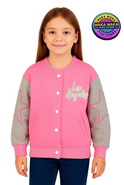 ww waka waka kids store Hanorac pentru fete cu broderie Los Angeles, roz-gri – stil colegiu cu mâneci stea