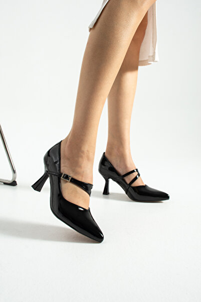 Parparastil Lunera Elegant Buckle Comfortable Fit Women's 6.5cm Heeled Black Patent Leather Mary Jane Shoes