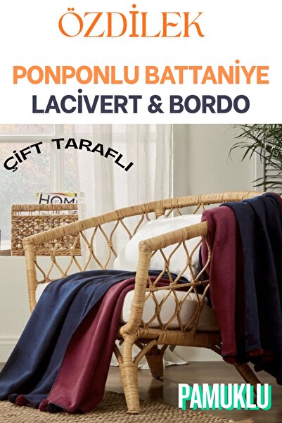 Özdilek Βαμβακερή κουβέρτα διπλής όψης με πομπόν (διπλό) 180x220 cm - Navy Bl...