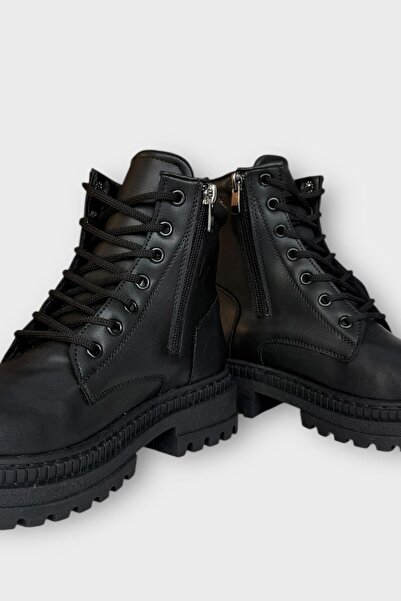 Liger Γυναικείες μπότες με χοντρή σόλα με κορδόνια με φερμουάρ ΜΑΥΡΟ