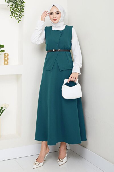 hafsamina Double Suit with Vest and Skirt Petrol Hm2690