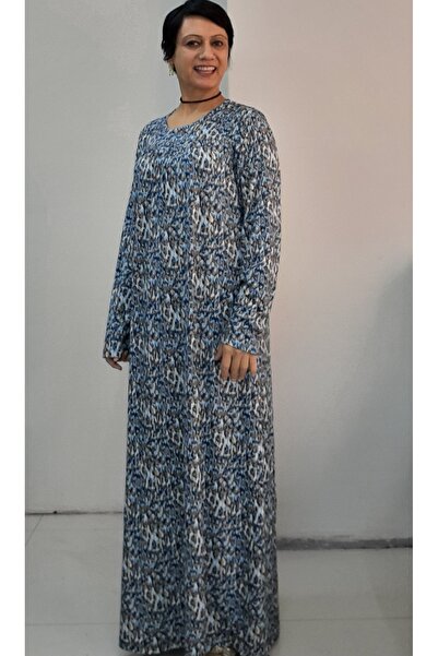 Mertcan Butik Long-Sleeved, Long-Length, Blue Latte Indigo Patterned Combed Viscose Dress with Cut-Out Details at the Front and Back, Made of Fabric.