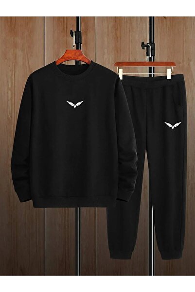 HOFFNUNG Black Wing Print Bottom Top Tracksuit Set Oversize Crew Neck