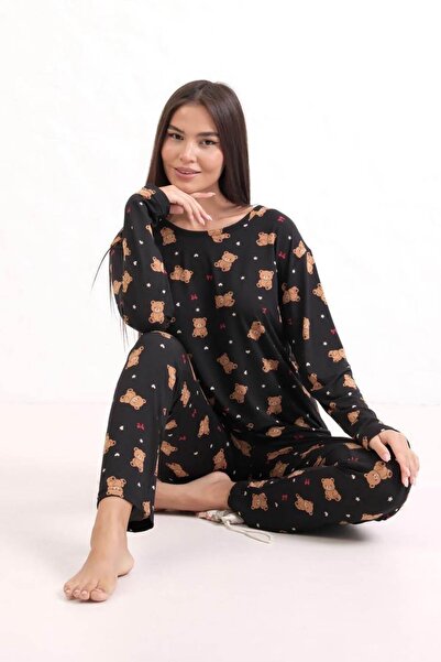 lamelif Patterned Pajama Set Black Brown