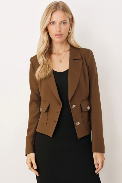 armonika Дамско кафяво яке с мъжки яка, квадратни джобове и подплата ARM-26K001026