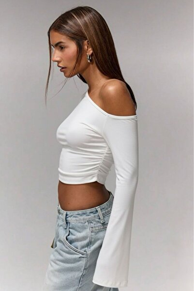 Linich&Co One Shoulder Open Asymmetrical Neckline Spanish Sleeve Stretchy Ecru Crop Blouse