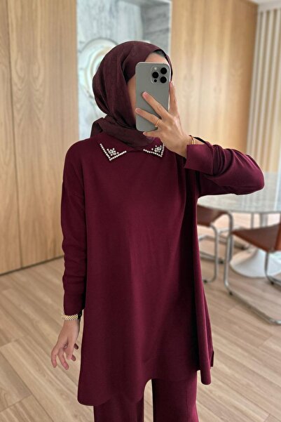 Ka Hijab Slit Detail Collar Stoned Mercerized Suit - Burgundy