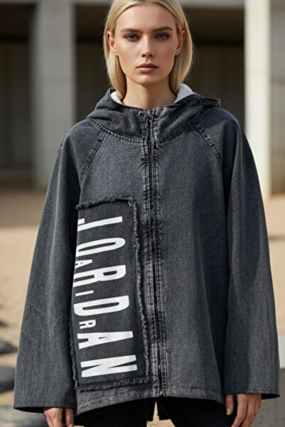 Kübra Tekstil Women's Anthracite Long Sleeve Hooded Plush Lined Zippered Oversize Jean Jacket – Women's Coat