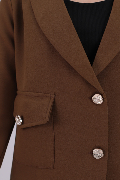 armonika Women's Brown Men's Collar Square Pocket Lined Crop Jacket Arm-26K001026