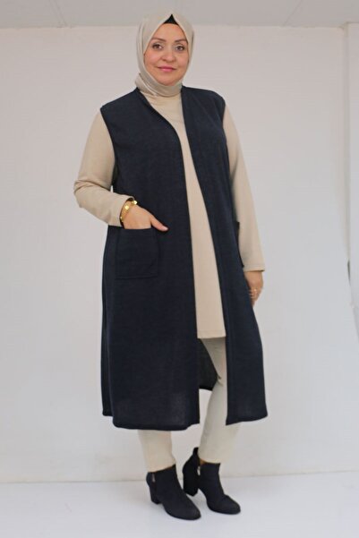 Eslina 54012 Large Size Wear-Off Mir Vest with Pockets - Navy Blue