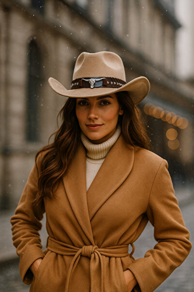 Luminos Butik Cappuccino Suede Cowboy Fedora Hat – Western Model with Silver Bull Figure Leather Strap