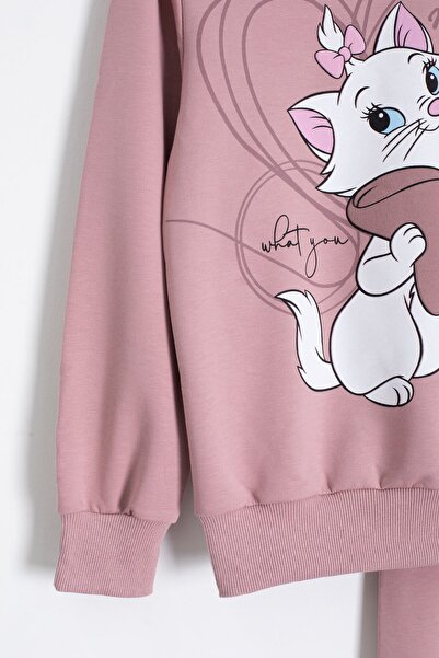 Cansın Mini Gül Kurusu Sevimli Kedi Baskılı Kız Çocuk Eşofman Takımı 22761