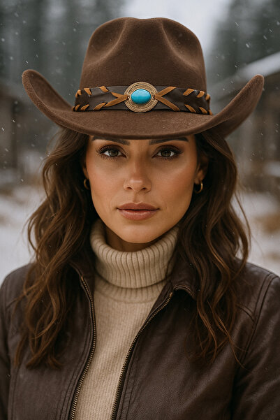 Luminos Butik Bitter Brown Suede Cowboy Fedora Hat – Western Model with Turquoise Stone Leather Braided Strap