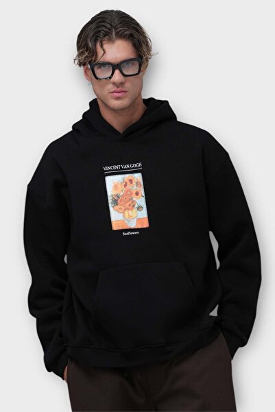 SAW Urbanity Sunflowers Oversize Hoodie - %100 Pamuk - Siyah