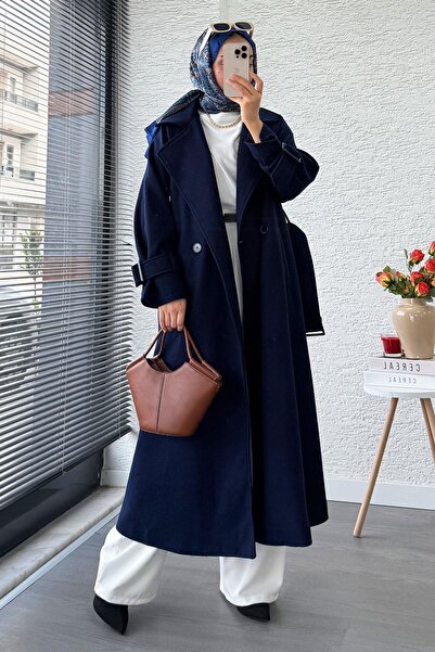 MELEK ARAZ Premium Kolu Tokalı Oversize Eva Kaşe Kaban – Lacivert