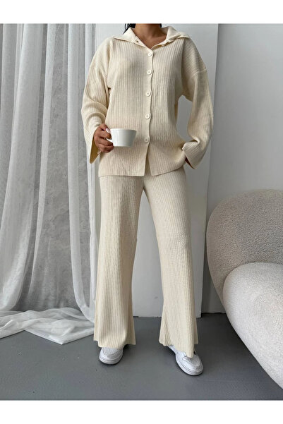 Buklemoda Buttoned Jacket Collar Knitwear Set Ecru