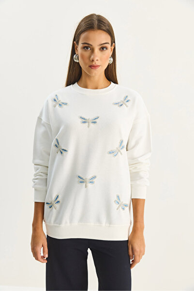 Bianco Lucci Kadın Bisiklet Yaka Kelebek Taş İşlemeli Relaxed Sweatshirt 1558 60283660