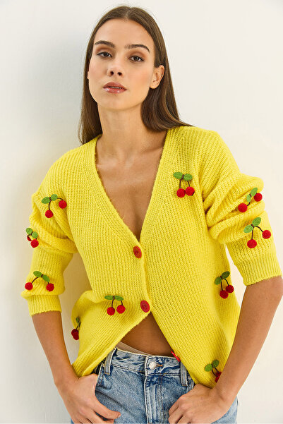 Bianco Lucci Women's V-Neck Cherry Accessory Knitwear Cardigan 60283662