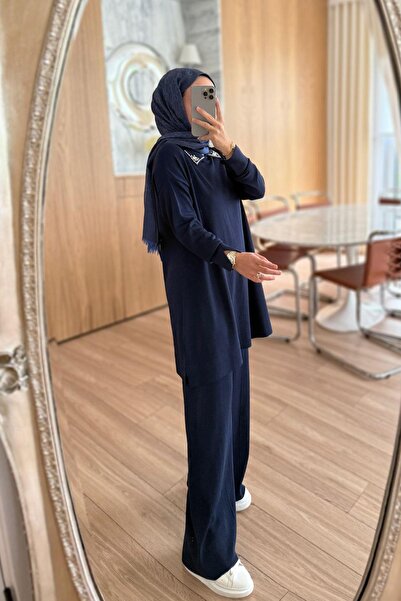 Ka Hijab Slit Detail Collar Stoned Mercerized Suit - Navy Blue