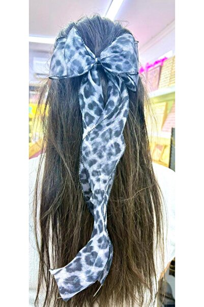 AresTokaAksesuar مشبك فيونكة طويل الذيل من الأورجانزا بنقشة الفهد مع مشبك تلقائي