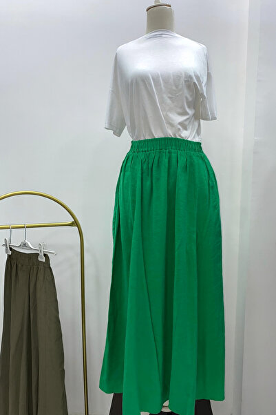 BLUEPERYY KADIN KOYU YEŞİL BELİ LASTİKLİ TEN.SEL ETEK