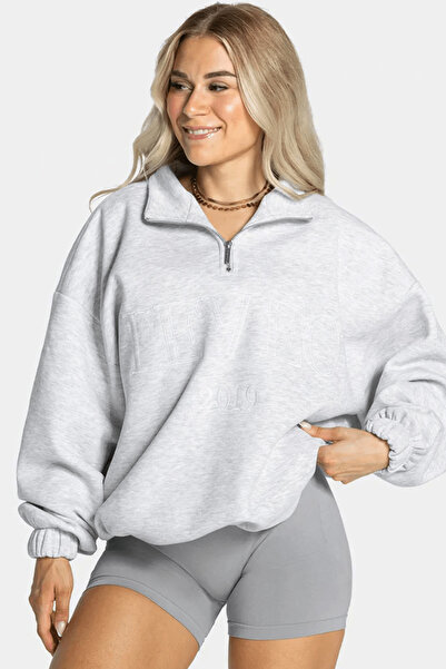 Kadın Gri Fermuarlı Yaka Üç İplik Oversize Rahat Sweatshirt (Büyük Beden Uyumlu)