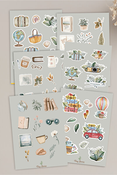 tinystoriestr Doğa Temalı Sticker Set - 6 Sayfa / Suluboya / Scrapbook