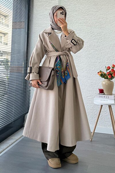 MELEK ARAZ Premium Oversize Eva Cashmere Coat with Handle Buckle – Stone