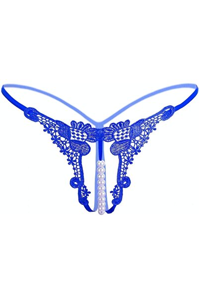 Generic Hearthxy Sexy Lingerie for Women G-string with Pearl Embroidery Lace Low-waist Open Crotch (Blue)