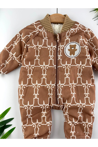 Minizade Bear Patterned Winter Fleece-Lined Baby Cosmonaut Jumpsuit Winter Unisex Jumpsuit