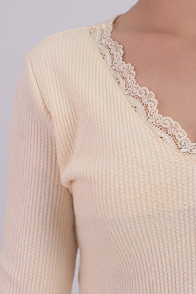 armonika Women's Ecru V-Neck Soft Textured Lace Collar Long Sleeve Blouse Arm-26K001028