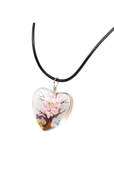 Vipfoni قلادة شجرة الحياة مصنوعة يدويًا من الإيبوكسي بتصميم قلب مع زهور مجففة