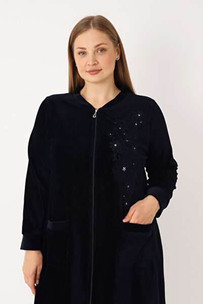 İntensive Lacivert Nakış Ve Taş Detaylı Pamuklu Kadife Fermuarlı Uzun Kollu Kadın Büyük Beden Elbise