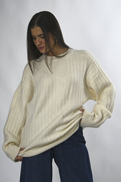 ABBRA Women's Crew Neck Oversize Ribbed Knitwear Sweater