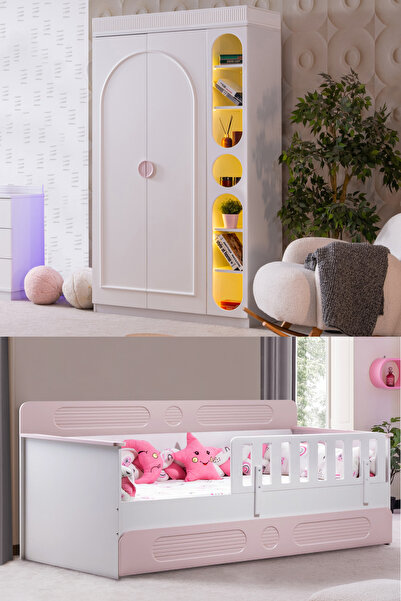 Setay Flora Çocuk Odası Takımı, Flora Yavrulu Karyola, Dolunay 2 Kapaklı Dolap + Kitaplık - Pembe