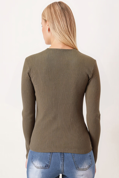 armonika Women's Khaki V-Neck Soft Textured Collar Lace Long Sleeve Blouse Arm-26K001028