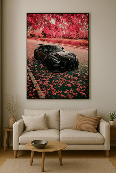 BLT DİZAYN Mașină sport neagră și pictură pe sticlă de toamnă roz – Întâlnirea forței și a eleganței
