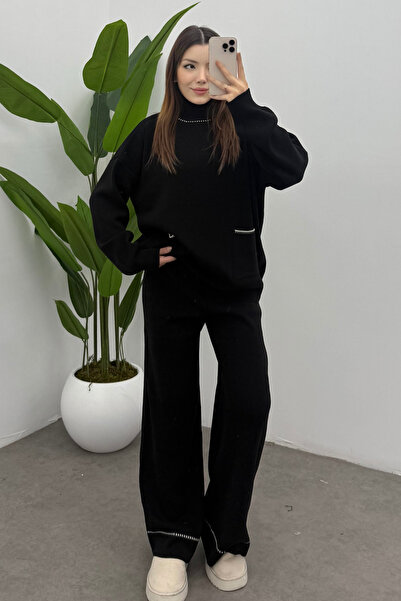 Bipantolon Women's Black Pocket Detailed Shepherd Stitch Cardigan Pants Bottom Top Knitwear Set