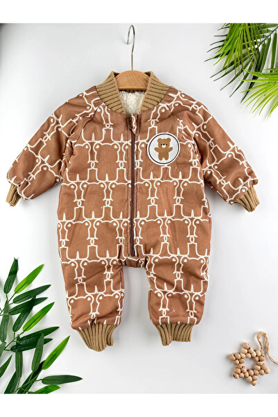 Minizade Bear Patterned Winter Fleece-Lined Baby Cosmonaut Jumpsuit Winter Unisex Jumpsuit