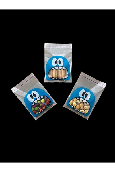 HG Tedarik 100 Adet 10X14 cm Mavi Canavar Figürlü Bantlı Şeffaf Opp Jelatin Poşet, Kurabiye Poşeti