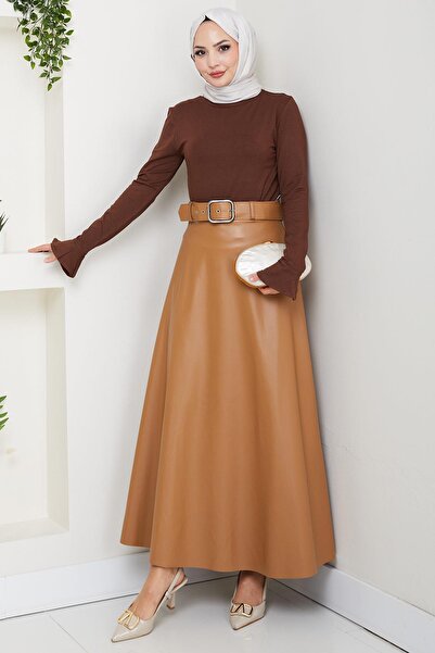 hafsamina Δερμάτινη φούστα με ζώνη Camel HM2641