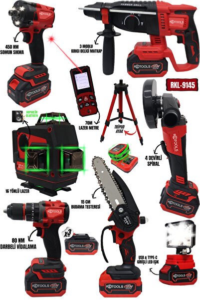 RETOOLS 7'Lİ SET (16 YÖNLÜ LAZER - LAZER METRE - DAL BUDAMA TESTERESİ - KARE PROJEKTÖR)