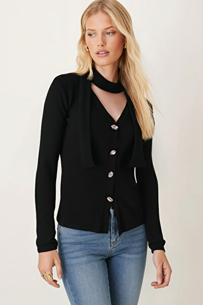 armonika Women's Black V-Neck Front Button Shawl Detail Soft Textured Cardigan Arm-26K001032