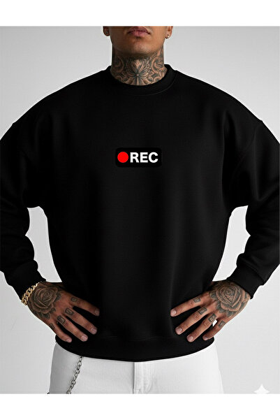 LORVEX سويت شيرت كبير الحجم للجنسين برقبة دائرية وطباعة REC