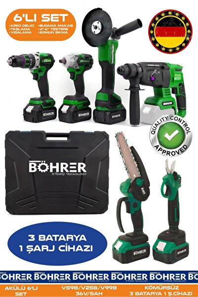 BÖHRER AKÜLÜ 6 LI KOMBO SET BA011133Y, 30MM BUDAMA MAKASI + 10 - 15CM BUDAMA TESTERELİ + TAŞLAMA + KIRICI