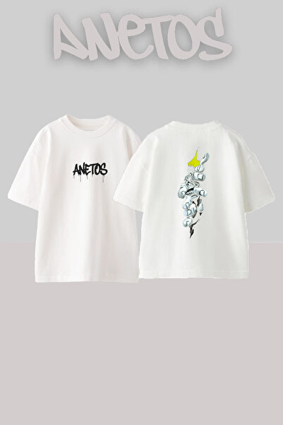 Anetos Titan Design Spate cu imprimeu Bumbac Alb supradimensionat tricou